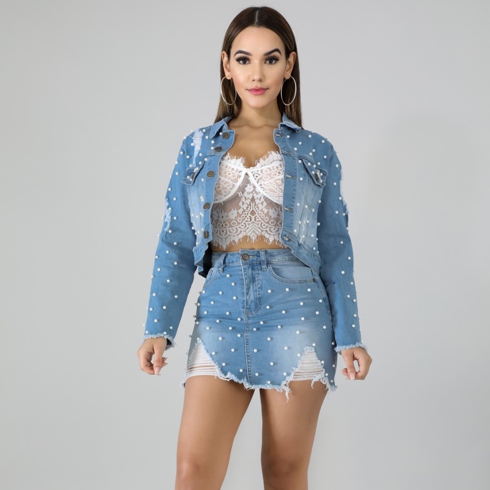 Pearl Denim Distressed Skirt Set